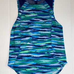 Lululemon dark blue, green patterned tank, high neck